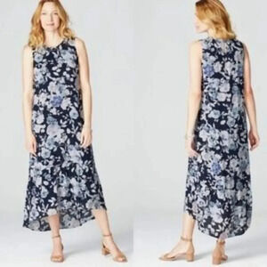 NWT J. Jill Size SP Navy Blue Floral Sleeveless Hi-Low Ruffle Hem Maxi Dress